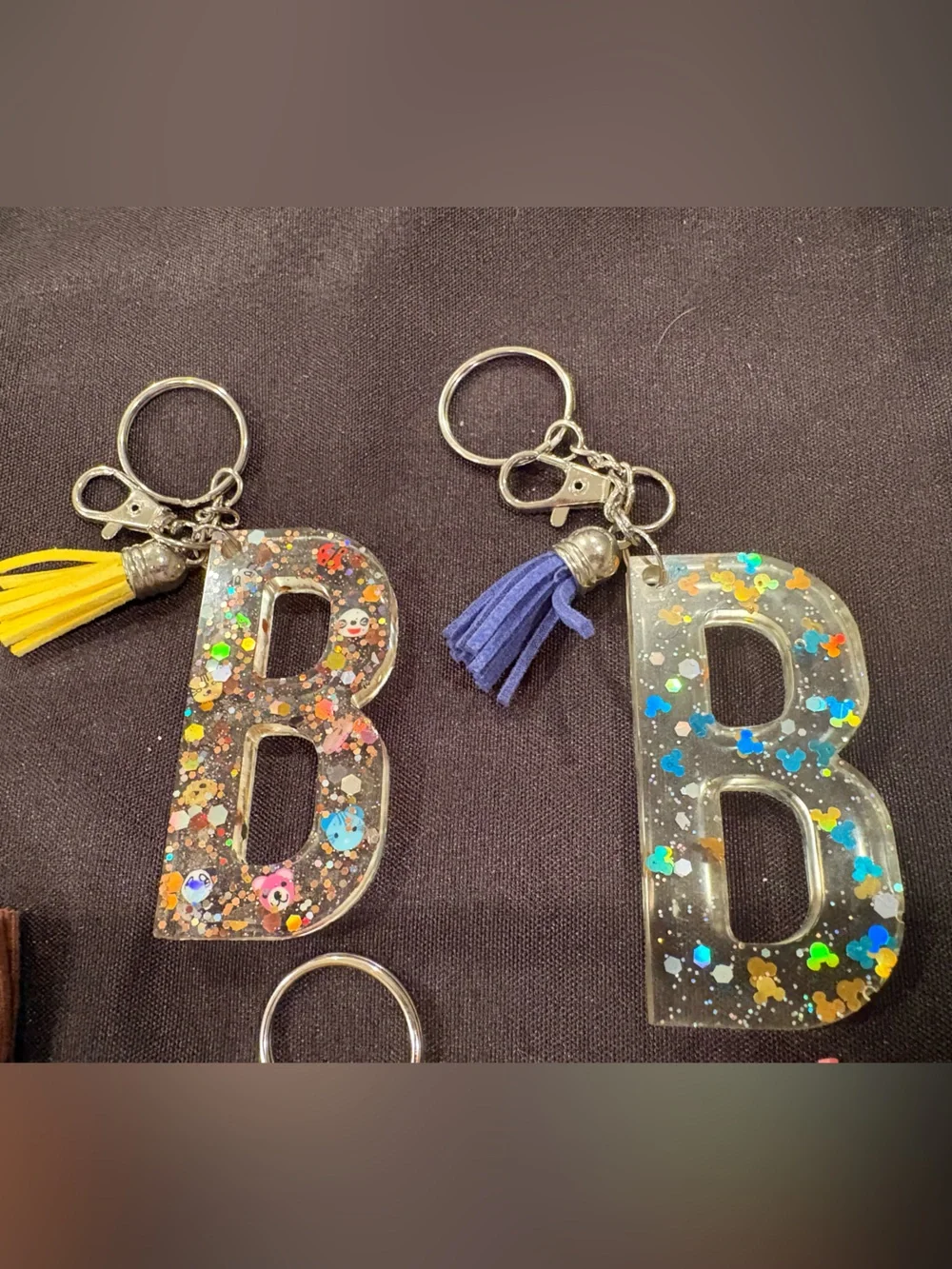 Glitter Resin 'B' Keychains with Tassels - Multiple Colors